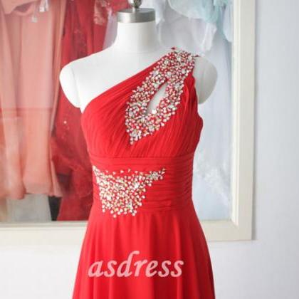 Fashion Red Chiffon One Shoulder Beading Sequins..