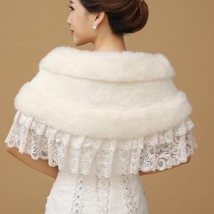 Ivory Fake Fur Lace Shawl Ribbon Bride Bolero..