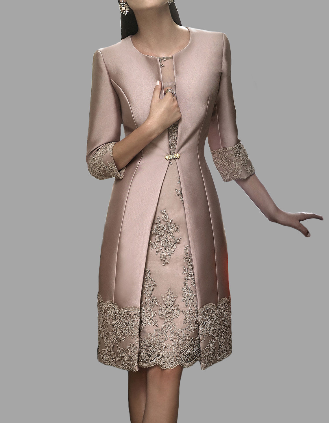 Knee Length Mother Of The Bride Dress With Coat Satin Appliques 3/4 Sleeves