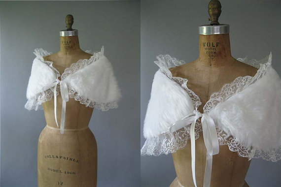 Faux Fur Wedding Shawl Ivory/white Lace Bridal Wrap - Formal Shrug Stole Cape -