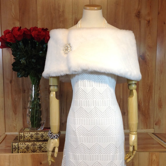 White/ivory Fancy Faux Fur Wrap Shrug Coat Bridal Stole Brides Shawl