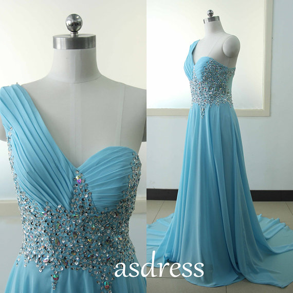 2015 Fashion Sky Blue Crystal Party Gowns One Shoulder Dance Dress ...